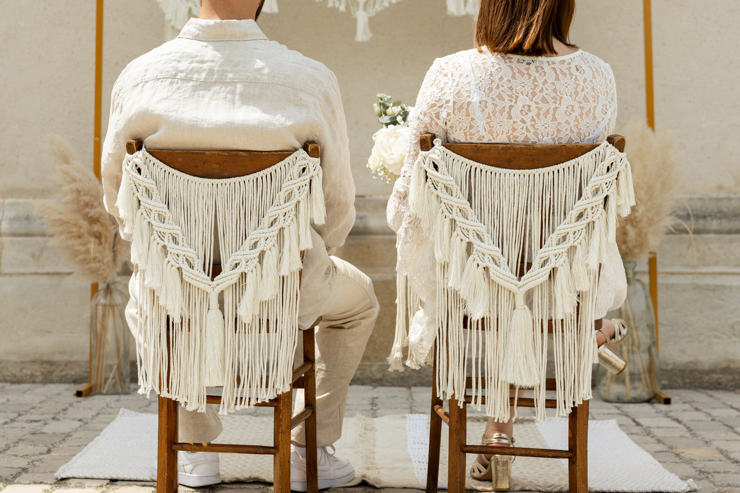 Dos de chaise bohème en macramé (vendus par 2) - Décoration artisanale pour mariage et évènements