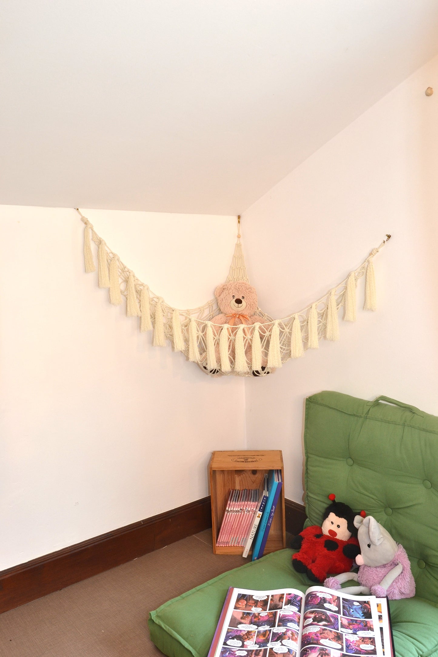 Hamac à doudous en macramé - rangement bohème - Décoration murale chambre bébé enfant