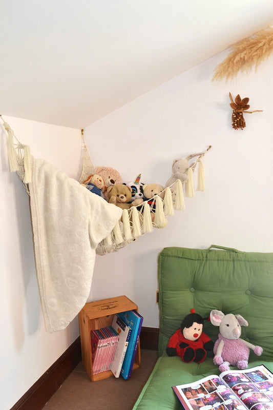 Hamac à doudous en macramé - rangement bohème - Décoration murale chambre bébé enfant