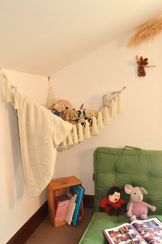 Hamac à doudous en macramé - rangement bohème - Décoration murale chambre bébé enfant