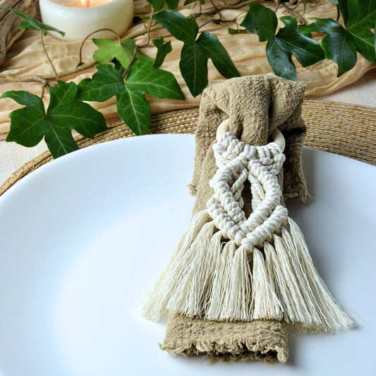 Rond de serviette macramé avec anneau en bois – Bohème Naturel